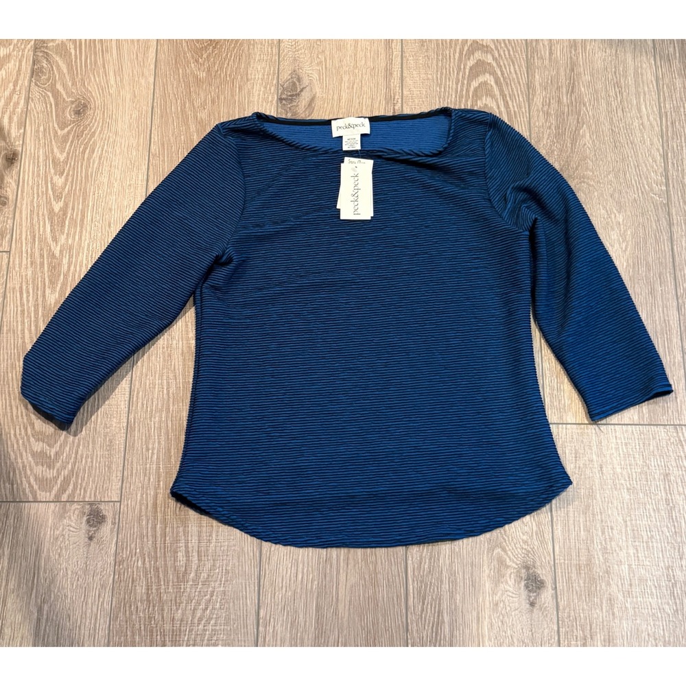 Peck & Peck Womens Medium Blue Ribbed Boat Neck 3/4 Sleeve Top Blouse New